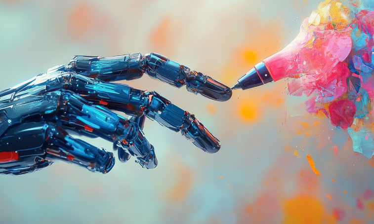 An artist passing on their pen to a robotic AI hand, against a colourful watercolour background.