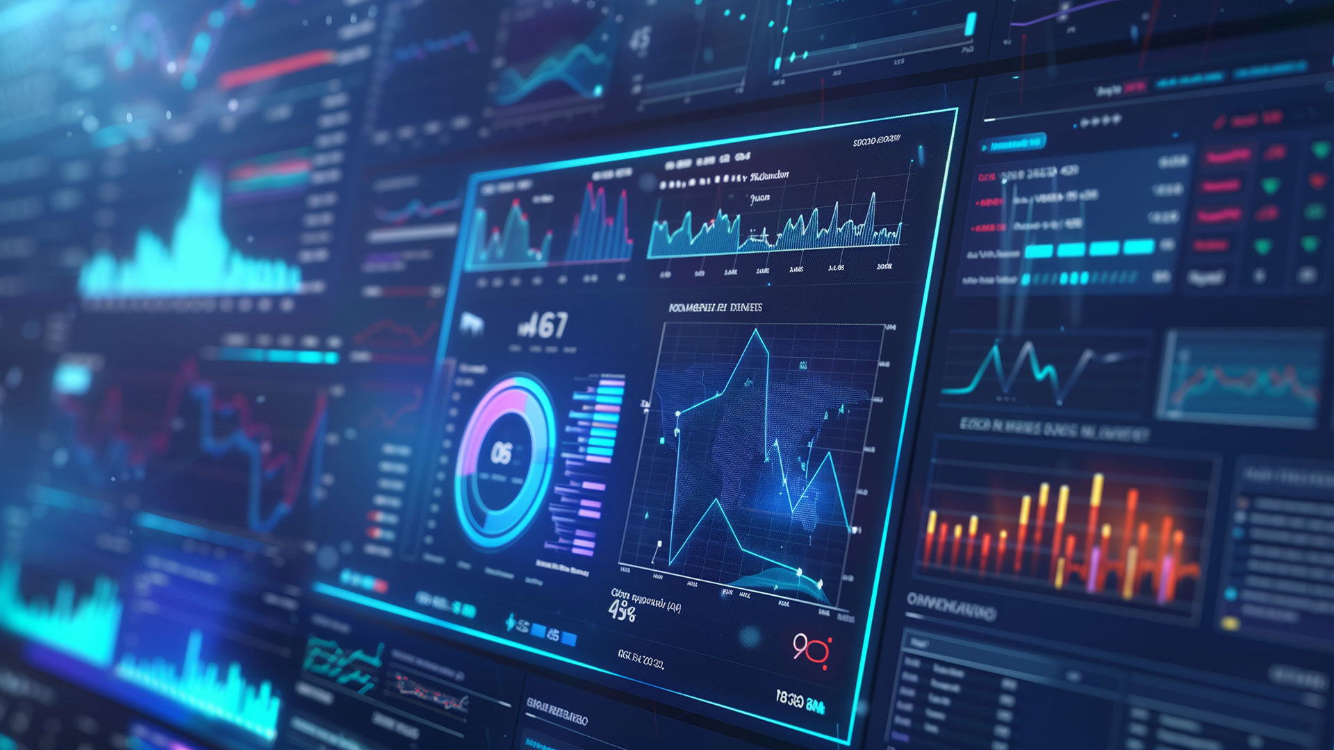 Business data analytics graphs and charts on a screen
