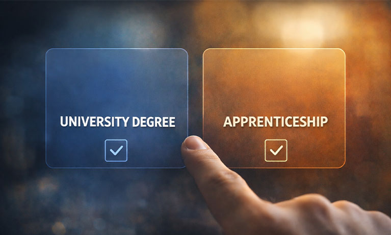 A screen offering two options of a university degree or an apprenticeship