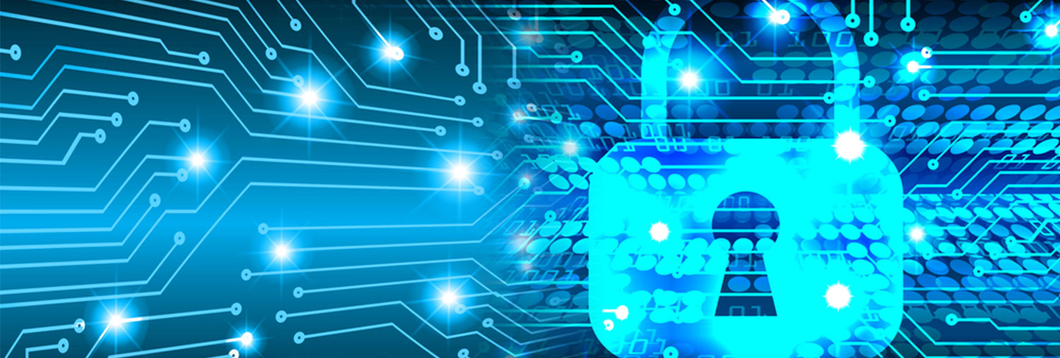 illustration of a blue circuit board design and padlock