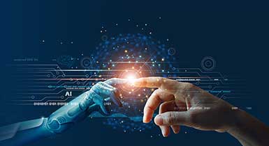 Mechanical hand and human hand touching fingers with data strands in the background