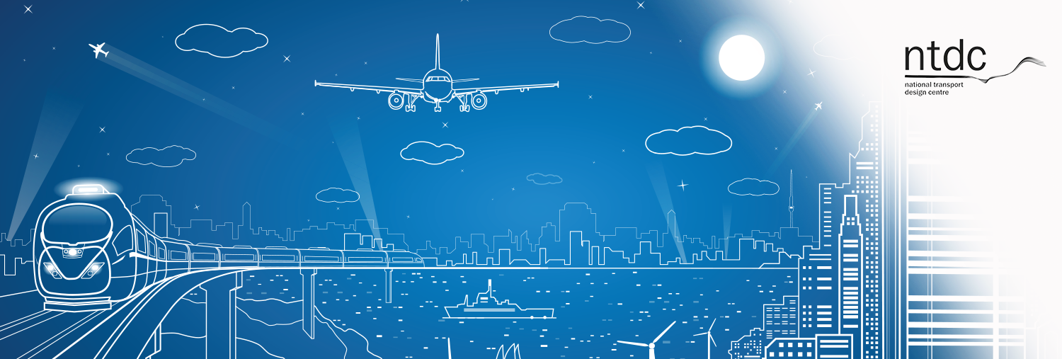 illustration of various transport designs, including a train, plane, boat and a city landscape